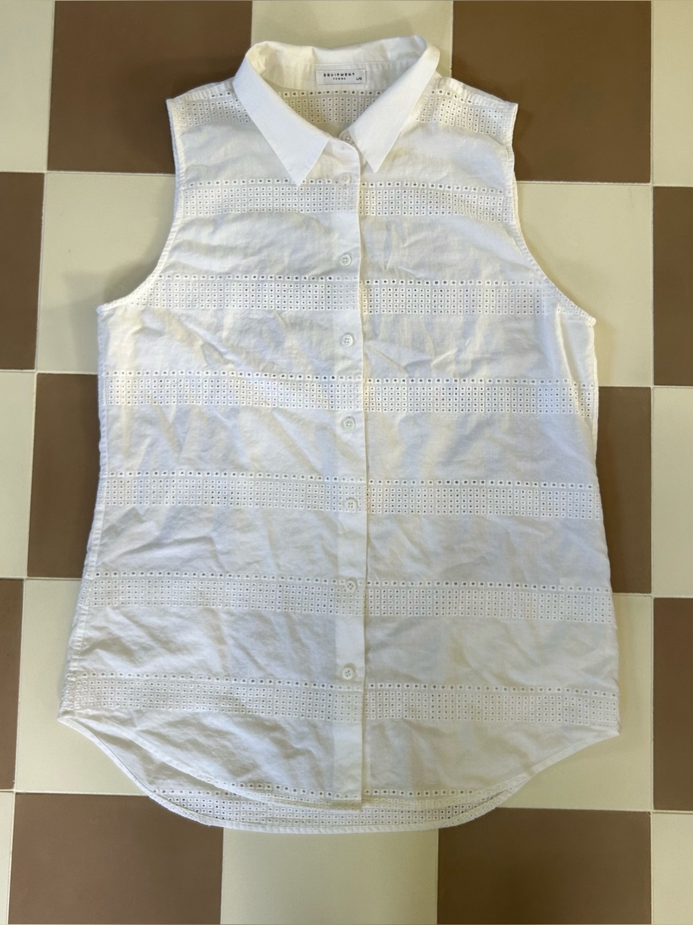 Equipment White Eyelet Sleeveless Button Front Cotton Blouse Large